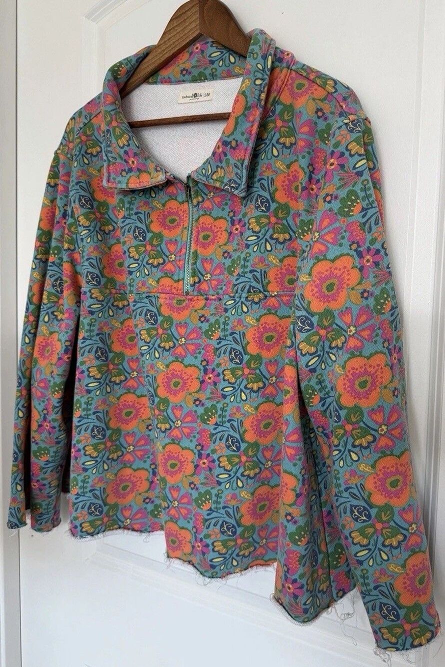 Natural Life Womens Pullover S/M Blue Floral Quarter Zip Oversized Boho Hippie - Picture 2 of 13